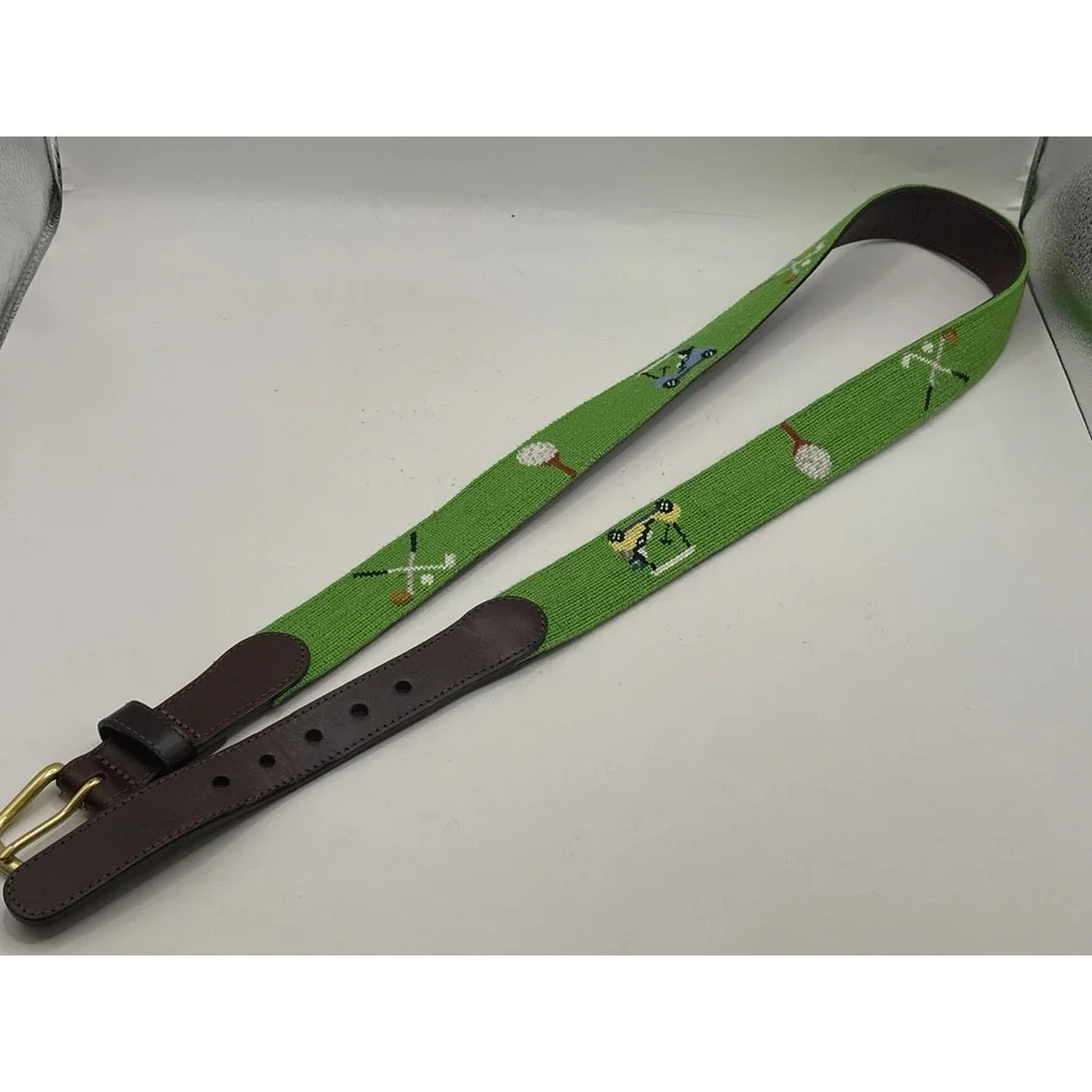 Huck Ventures Men's Golfing‎ Needlepoint Belt 40 Green Hand-stitched Leather